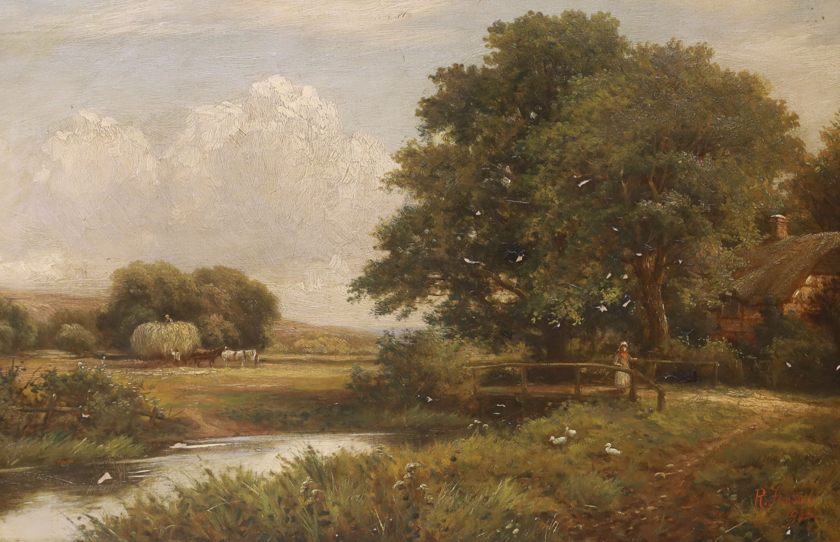 Robert Robin Fenson, alias Henry Maidment (fl.1889-1914) , oil on canvas, River landscape with haycart in the distance, signed and dated 1903, 40 x 60cm